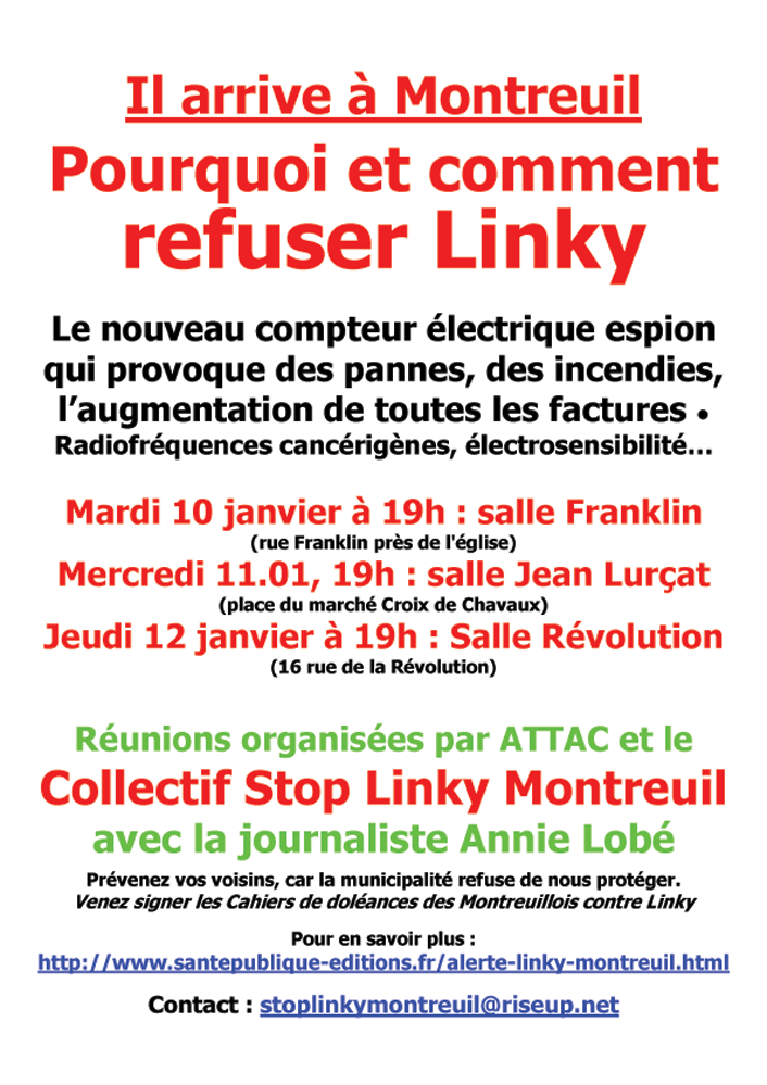 Affiche couleur Refus Linky Montreuil runions 10 11 12 janvier 2017