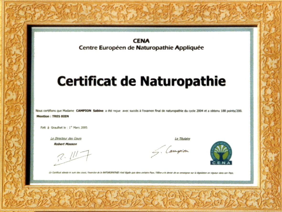 Certificat délivré en 2005 à Sabine Campion par Robert Masson, fondateur et directeur du CENA. Note obtenue : 188 points sur 200