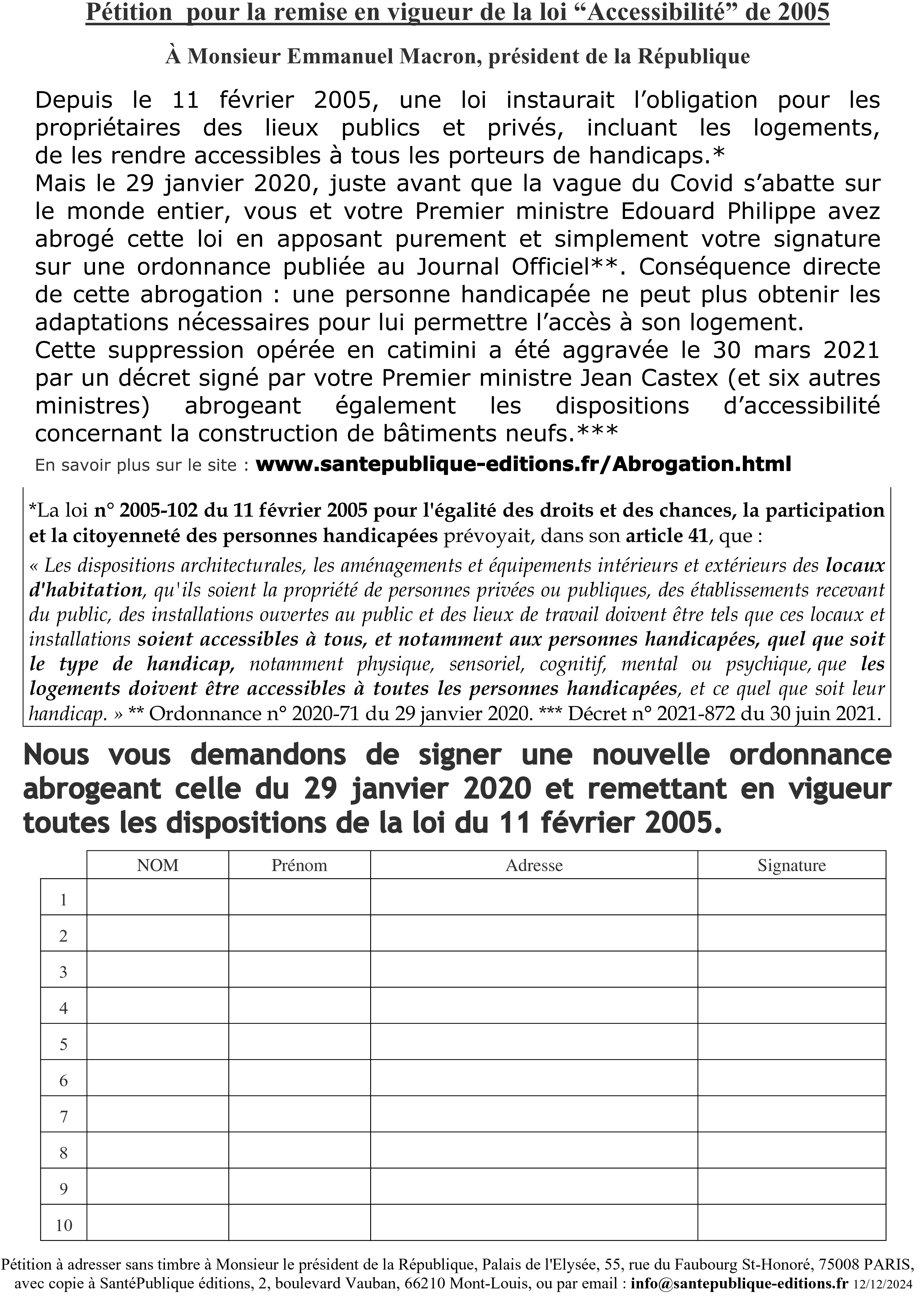 Imprimez, signez et faite signez la p&eacute;tition pour la remise en vigueur de la loi Accesibili� Handicap de 2005 (document PDF)
